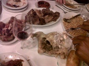 The array of meats that make up a cocido